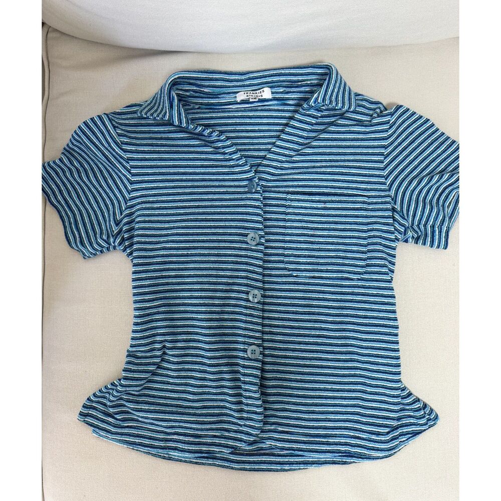 Frankies Bikinis Coco Striped Terry Button Up Shirt and Shorts Set - Picture 6 of 10